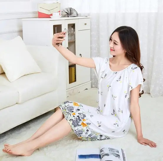 Cotton Silk Nightgown - Printed Lounge Dress
