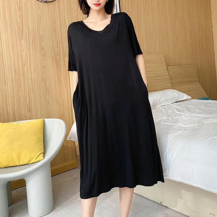 150kg Extra Large Size Summer Loose Home Dress with Pocket Thin V-neck Short Sleeved Pajamas Solid Long Loungewear Plus Size 3XL