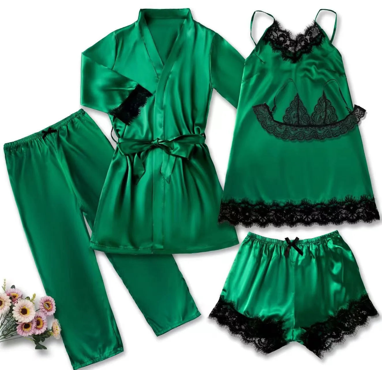 5 Pieces Women's Satin Sleepwear Pajama Set Robe Sexy Lingerie Bathrobe Lace Silk Night Dress Trousers Home Clothed Nightwear PJ