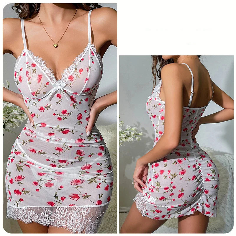 2PCS Women's New Sleepwear Summer Sexy Strap Doll Underwear Set Flower Lace Bordered Bow Tight Dress Sleeping Skirt Hot Selling