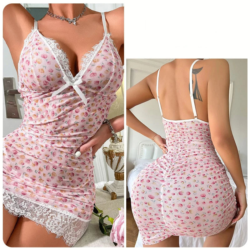 2PCS Women's New Sleepwear Summer Sexy Strap Doll Underwear Set Flower Lace Bordered Bow Tight Dress Sleeping Skirt Hot Selling
