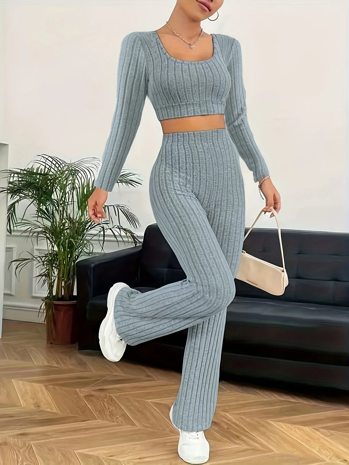 Fleece Loungewear Set - Slim Fit Top & High Waist Pants