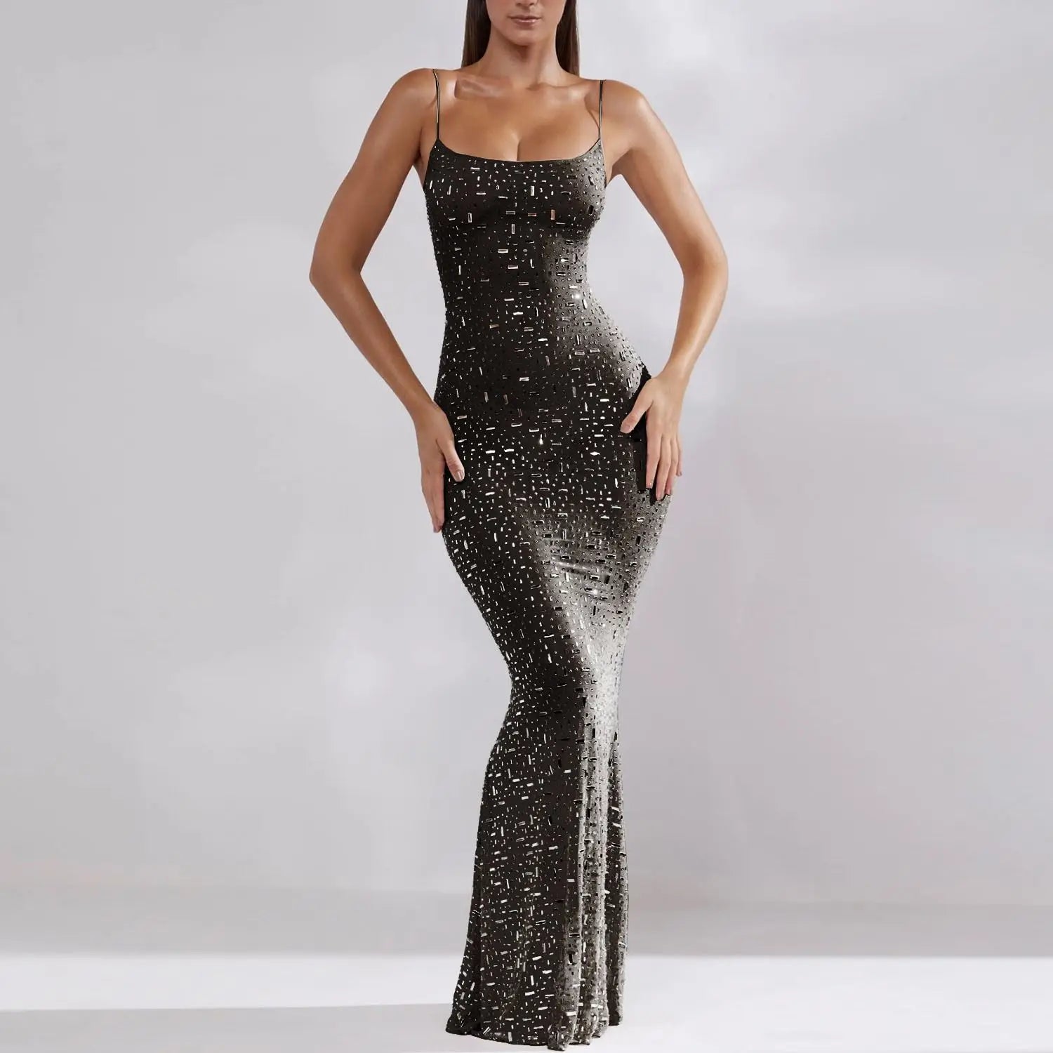 Beaded Strap Evening Gown - Long Tail