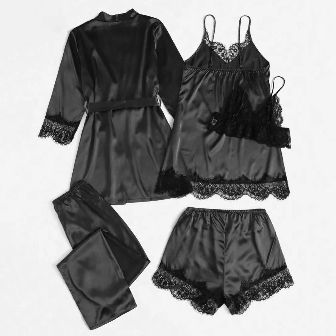 5 Pieces Women's Satin Sleepwear Pajama Set Robe Sexy Lingerie Bathrobe Lace Silk Night Dress Trousers Home Clothed Nightwear PJ
