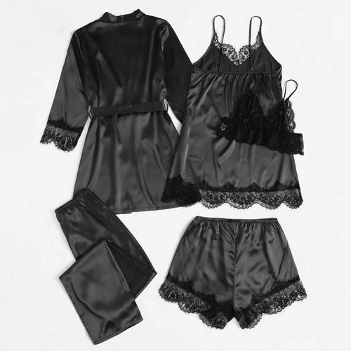 5 Pieces Women's Satin Sleepwear Pajama Set Robe Sexy Lingerie Bathrobe Lace Silk Night Dress Trousers Home Clothed Nightwear PJ