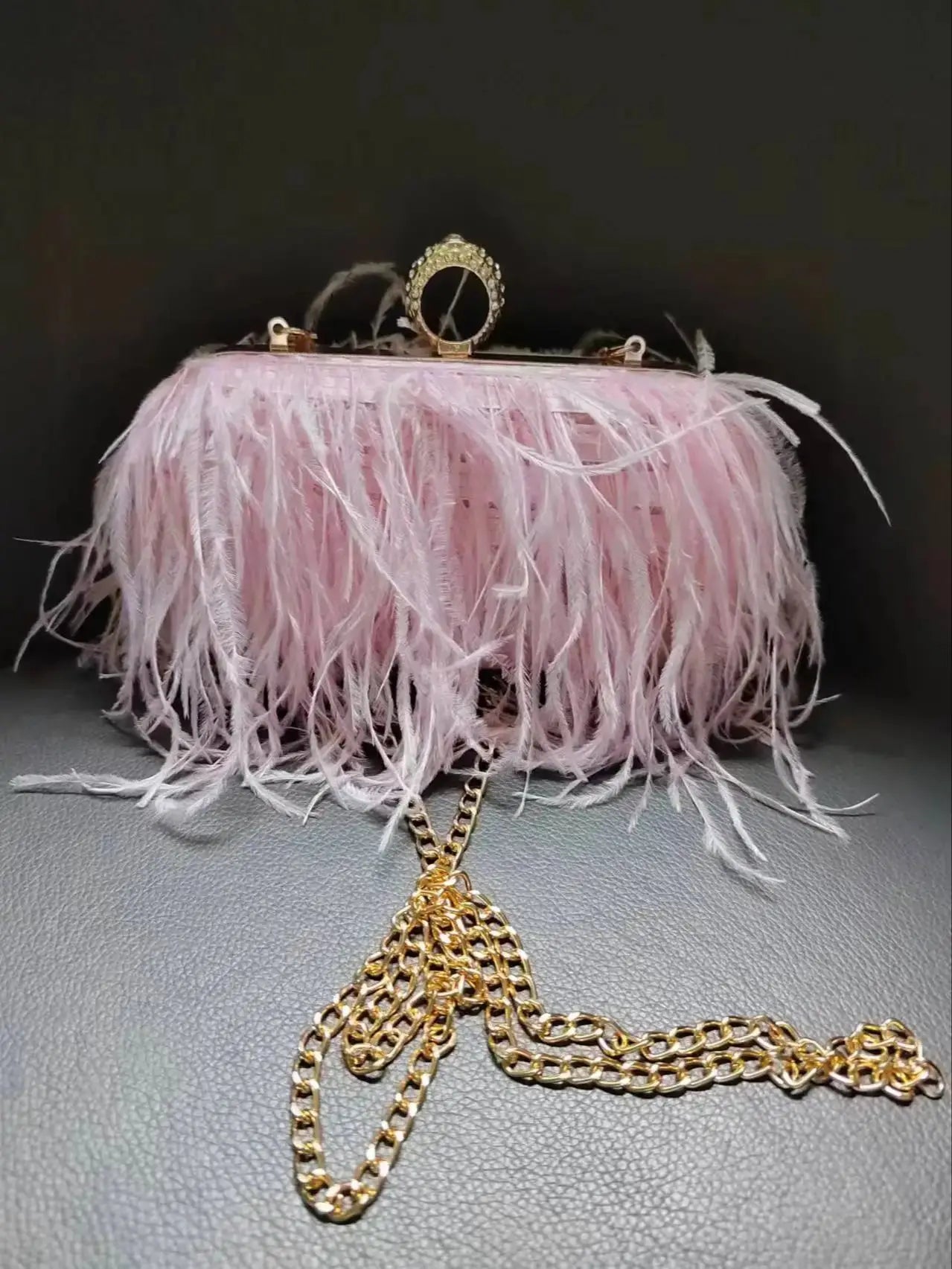 Ostrich Feather Clutch with Ring Handle