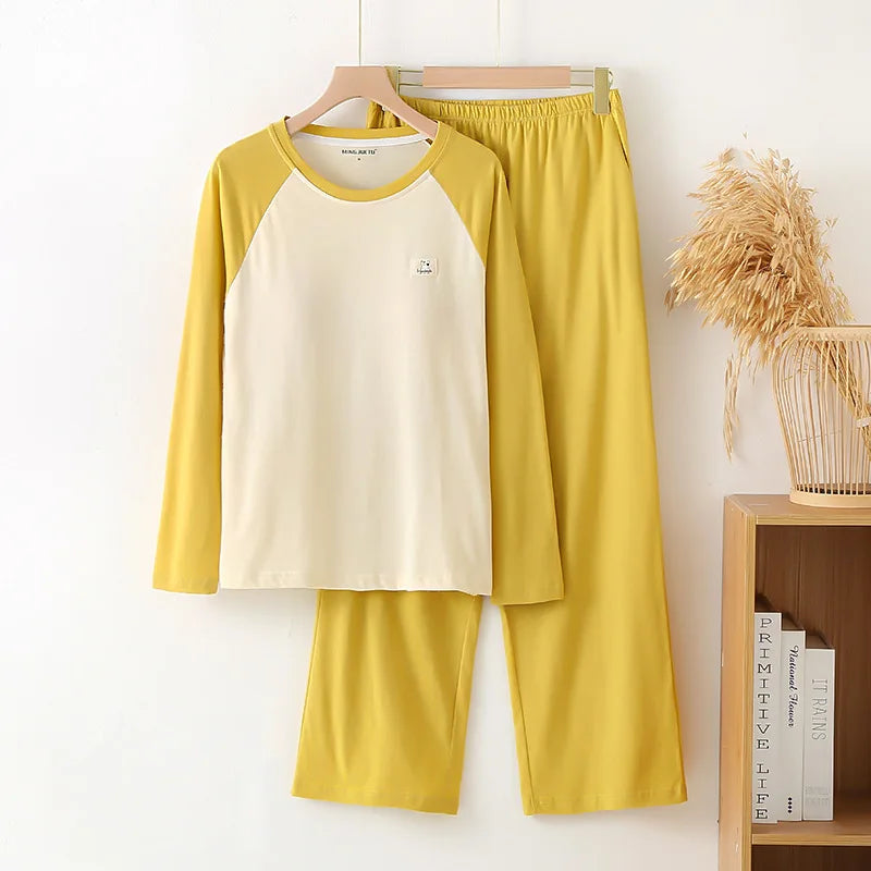 New Style Long Sleeved Home Clothing Set with Chest Cushion for Spring and Autumn Loose Fit Cotton Comfortable Pajamas Suit