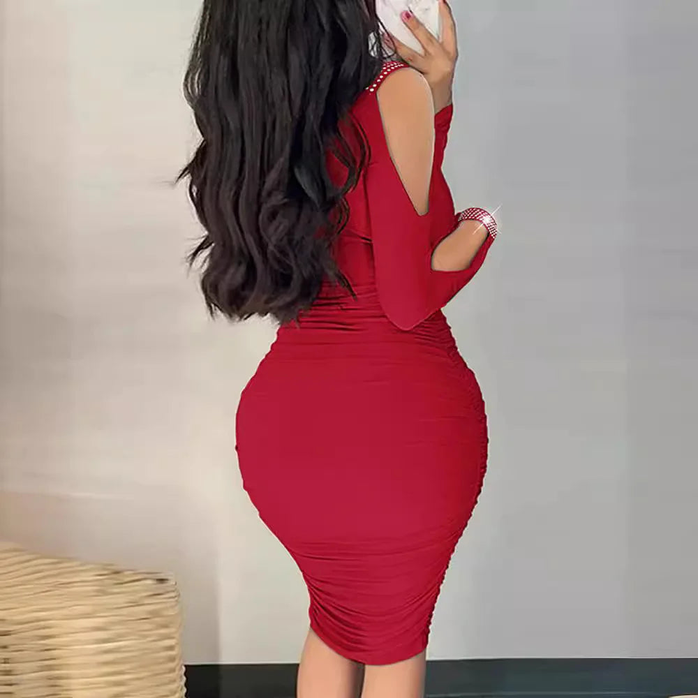 Tight Dresses Ladies Sexy Fashion Solid Color Clothes V-Neck Women's Pleated Wraps Hips Diamond-Encrusted Bare Shoulder Dress