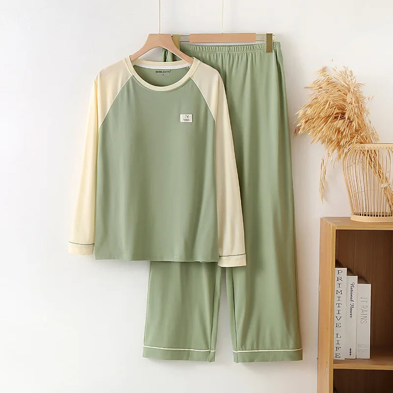 New Style Long Sleeved Home Clothing Set with Chest Cushion for Spring and Autumn Loose Fit Cotton Comfortable Pajamas Suit