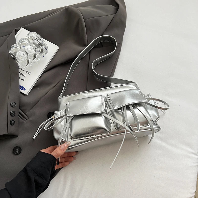 Silver Double Pocket Crossbody Bag