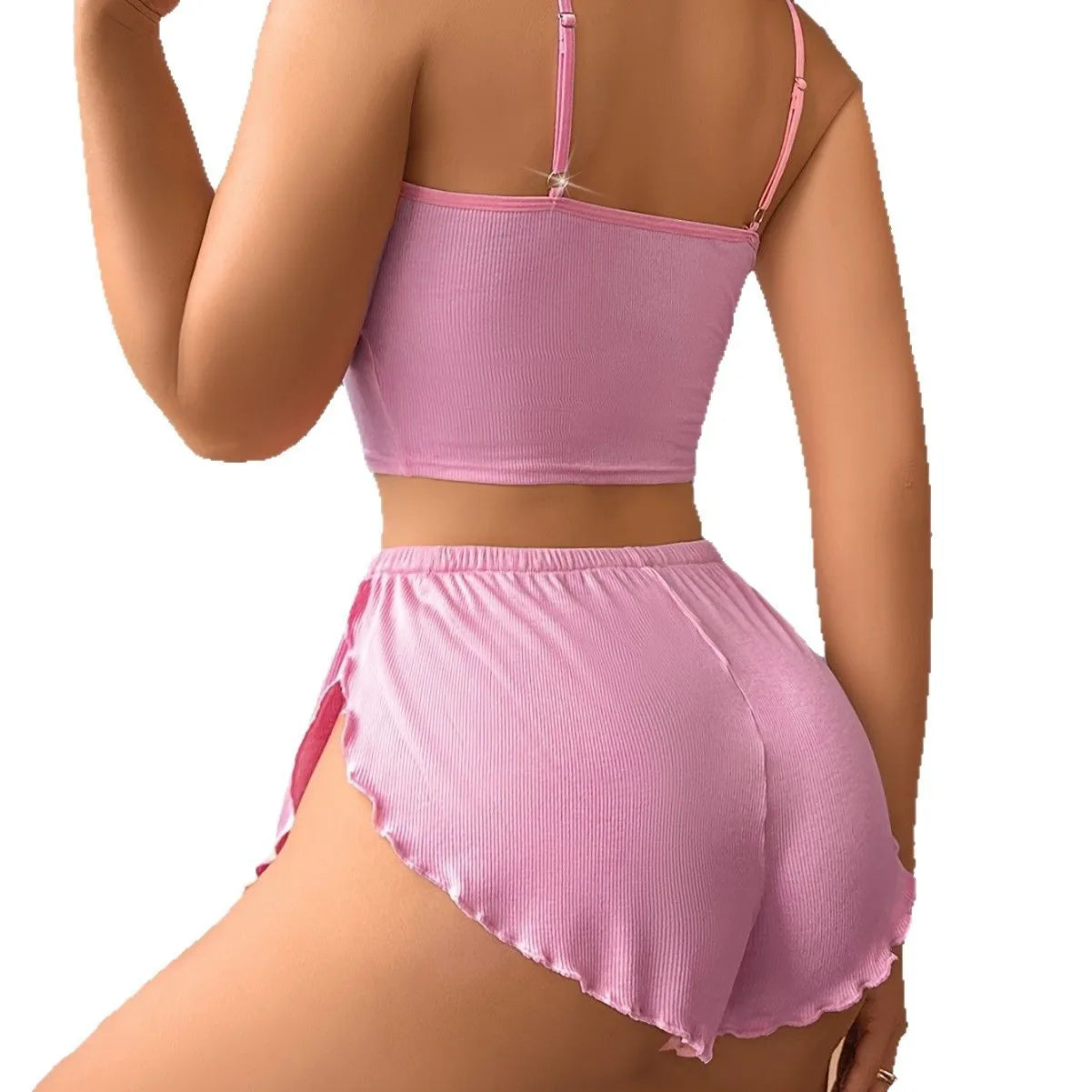 Lace Trim Lounge Set - Ribbed Top & Shorts