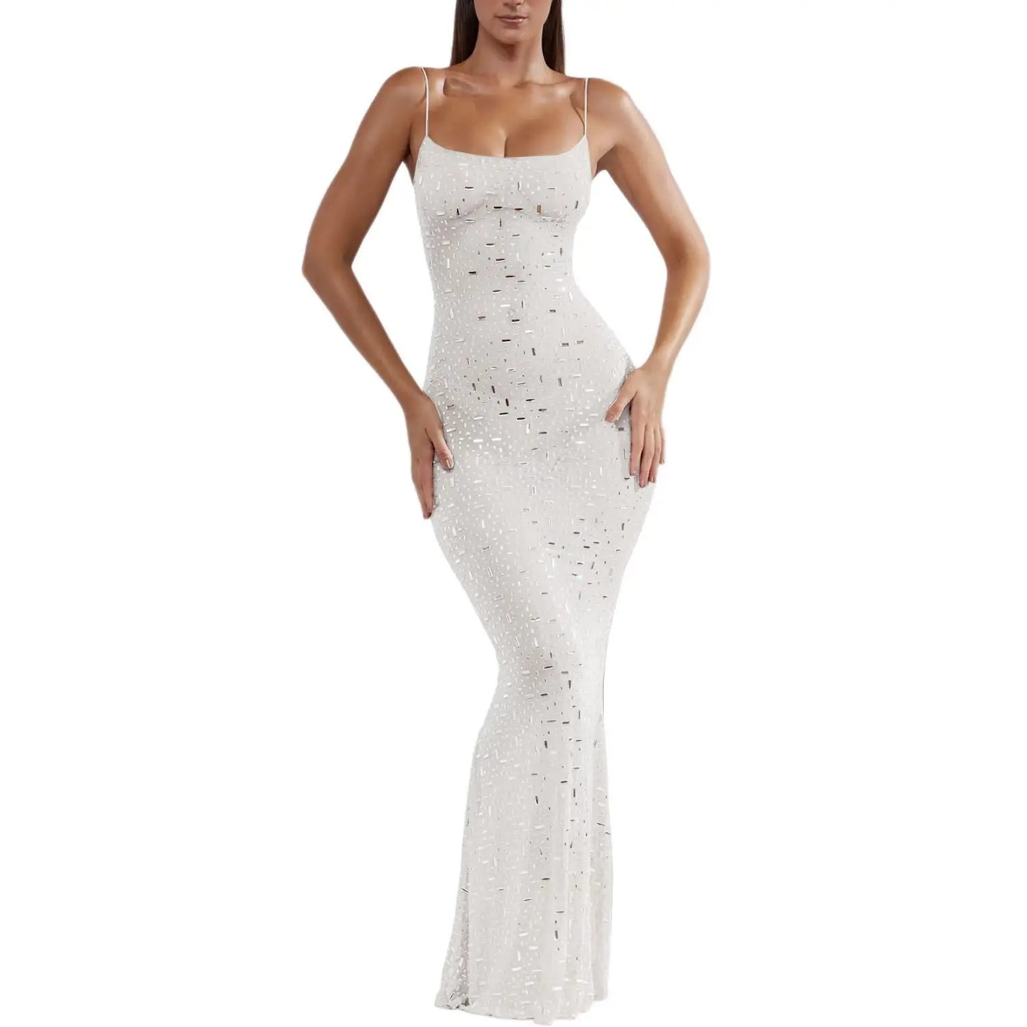 Beaded Strap Evening Gown - Long Tail