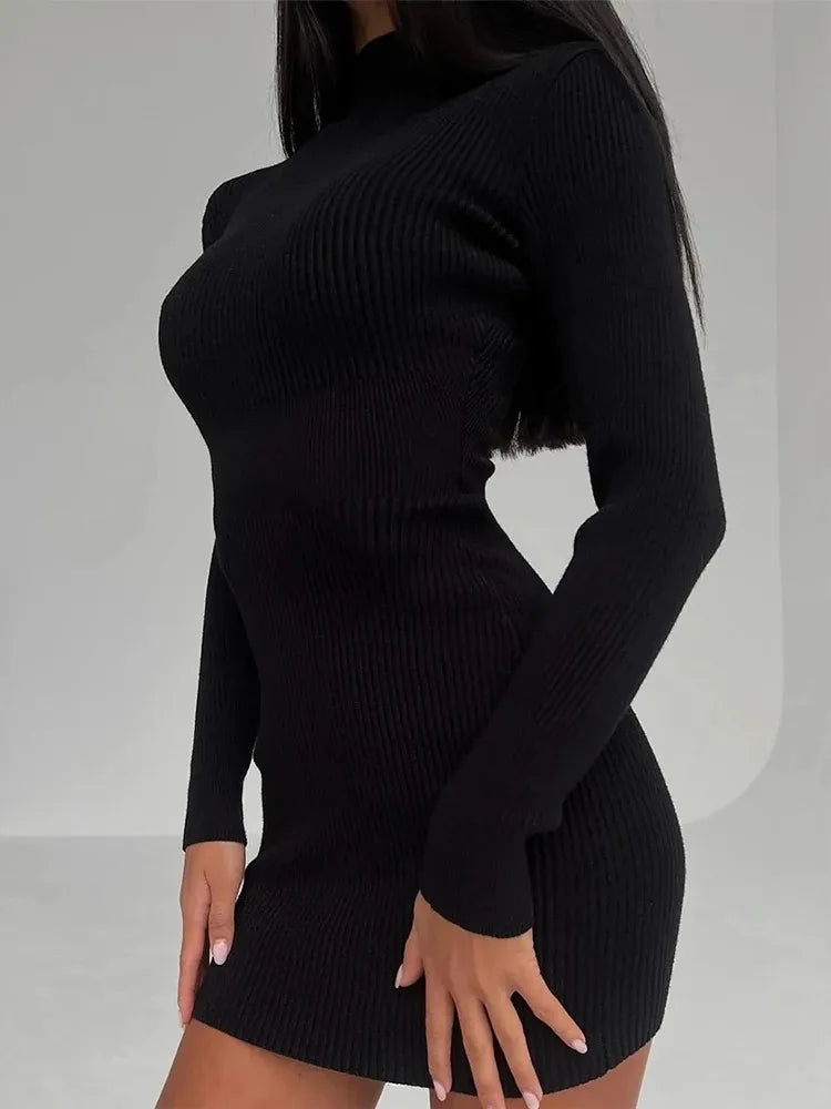 Women Knitted Dress Elegant Fashion White Turtleneck Bodycon Midi Dresses Female Autumn Winter Long Sleeve Slim Streetwear Dress