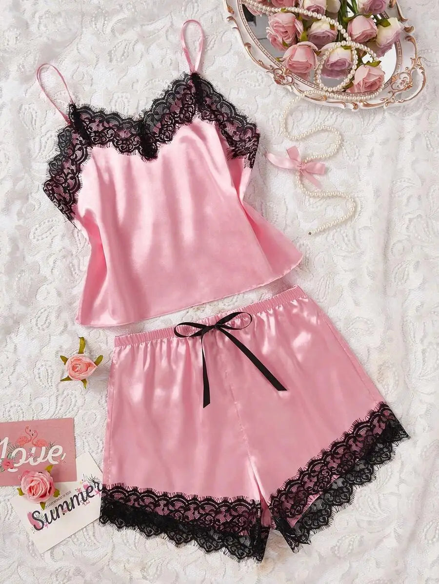 2PCS Pajama Suit Women Fashion V-Neck Stretch Satin Lace Sexy Lingerie Bowknot Pyjamas Shorts Set Pink and round dot Sleepwear