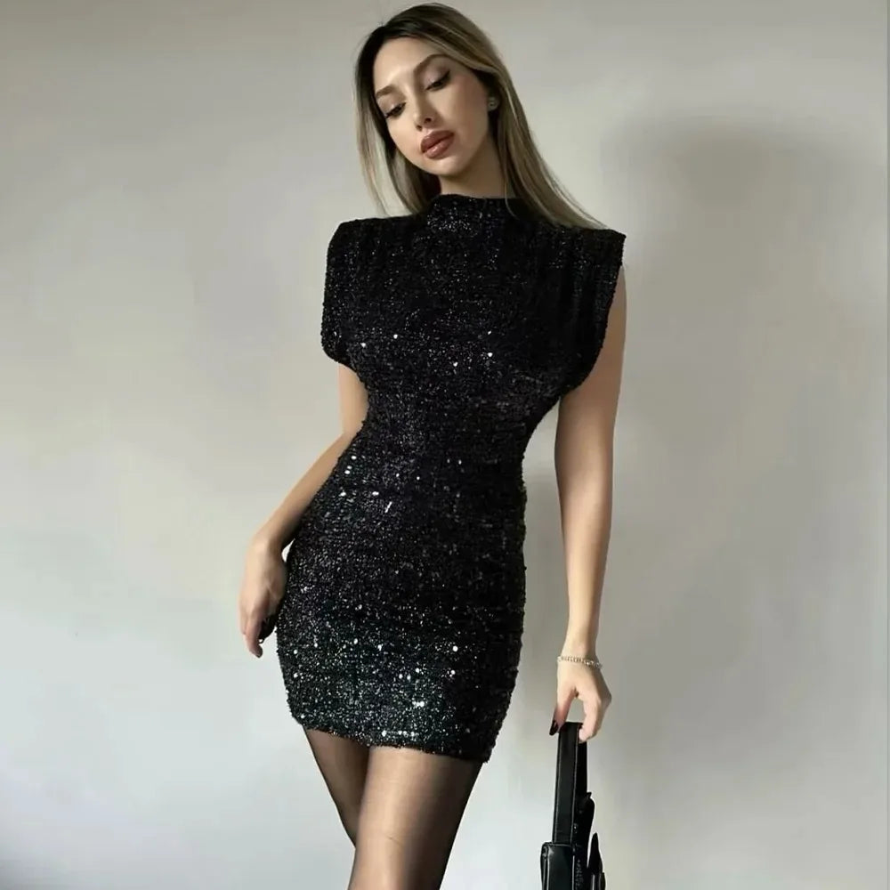 KONDALA 2025 Women Sequined Party Dress Shoulder Pad Sheath Mini Dress Sleeveless Nightclub Party Women Elegant Chic Dresses
