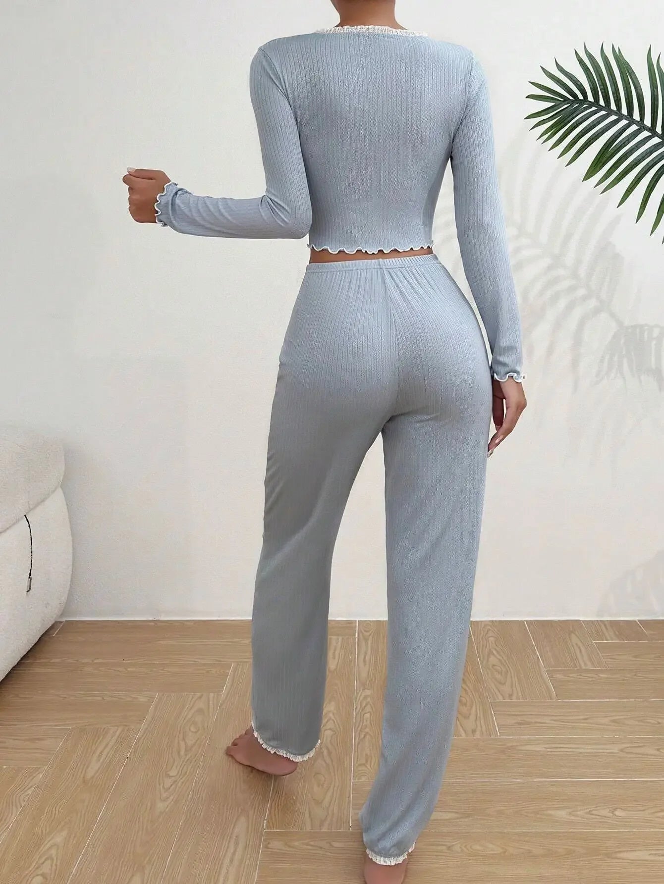 Lace Trim Pajama Set - Long Sleeve Top & Pants