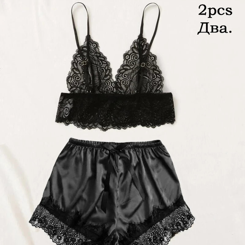 5 Pieces Women's Satin Sleepwear Pajama Set Robe Sexy Lingerie Bathrobe Lace Silk Night Dress Trousers Home Clothed Nightwear PJ