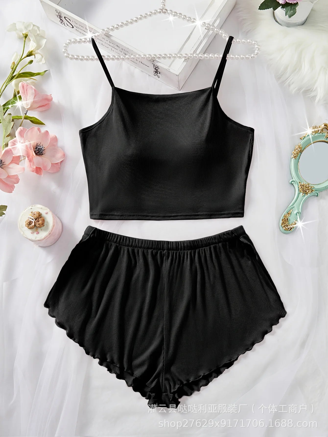 Lace Trim Lounge Set - Ribbed Top & Shorts