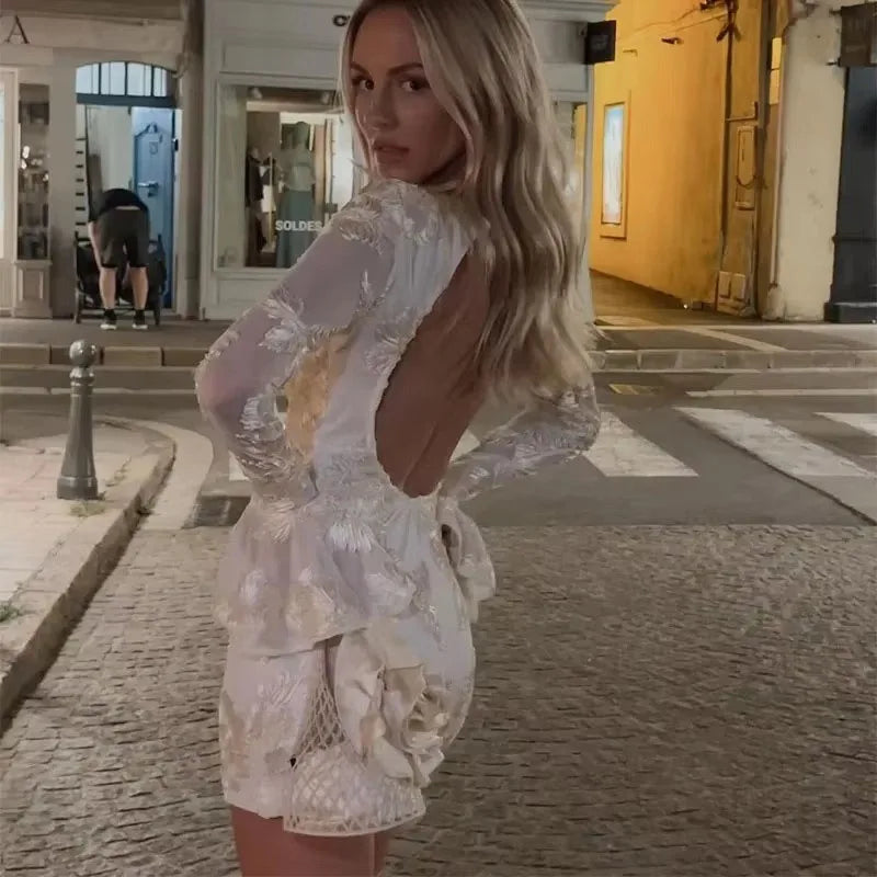 Backless Floral Mesh Mini Dress