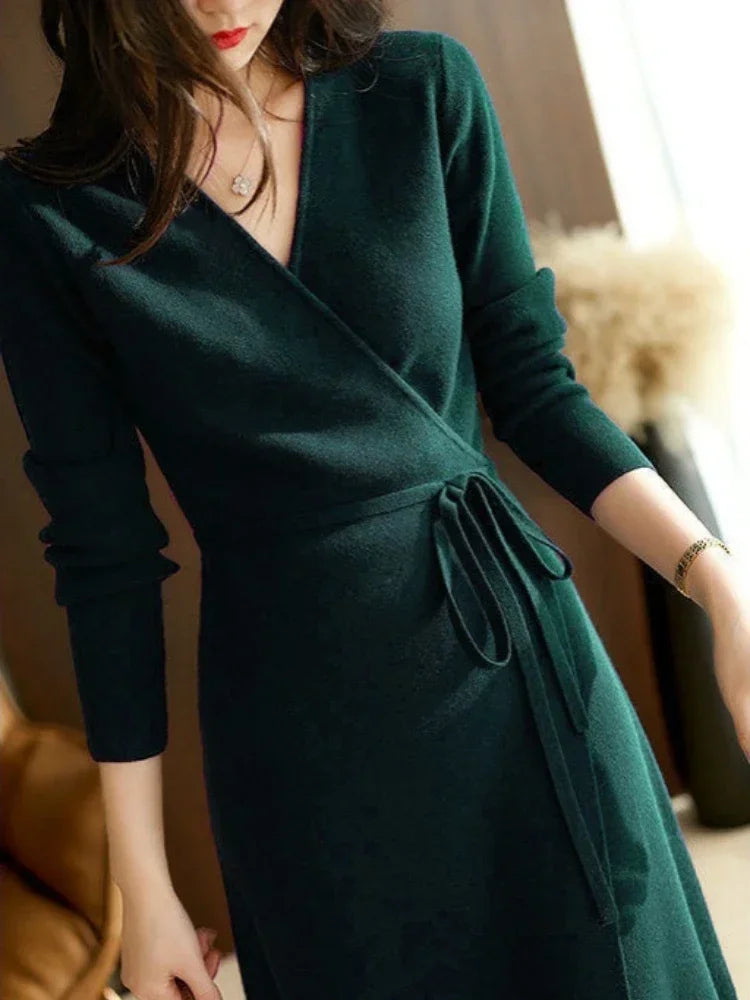 V-Neck Wrap Sweater Dress