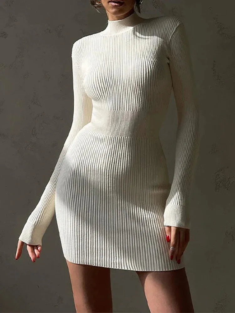 Women Knitted Dress Elegant Fashion White Turtleneck Bodycon Midi Dresses Female Autumn Winter Long Sleeve Slim Streetwear Dress