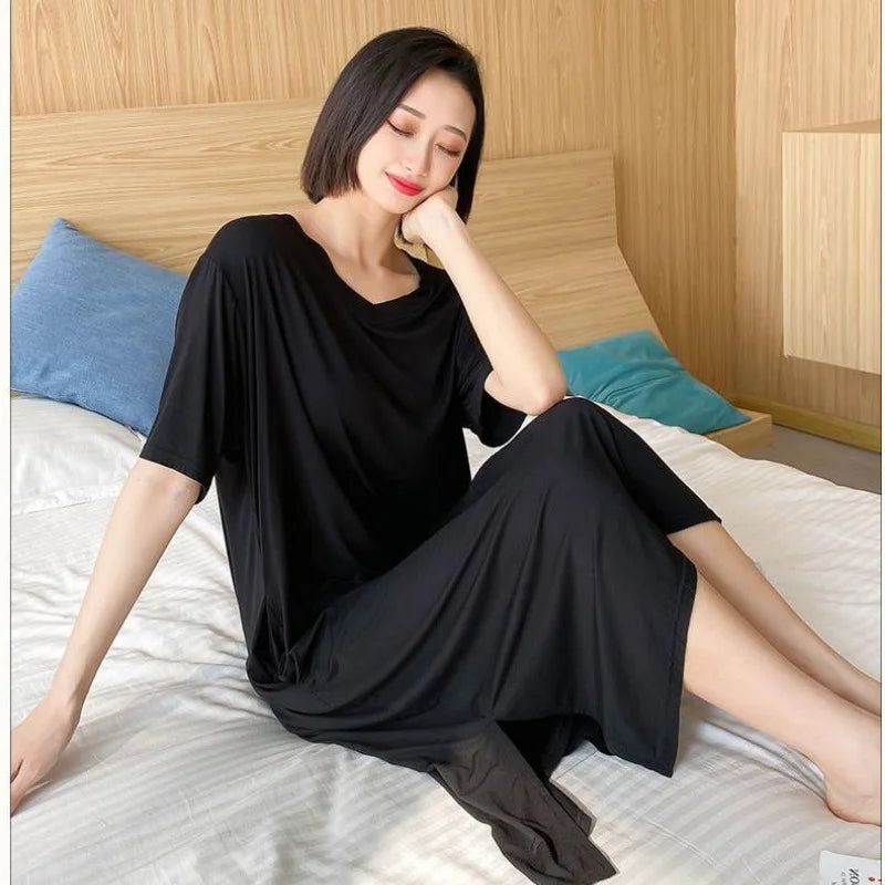150kg Extra Large Size Summer Loose Home Dress with Pocket Thin V-neck Short Sleeved Pajamas Solid Long Loungewear Plus Size 3XL
