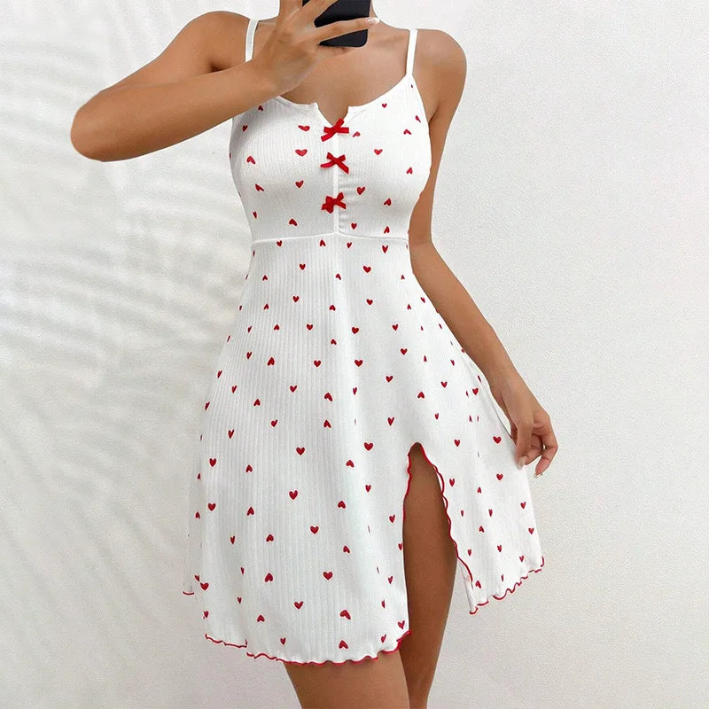 European and American Best-Selling Heart-Printed Rib Front Deep V-Neck Spaghetti Strap Sleep Dress Homewear