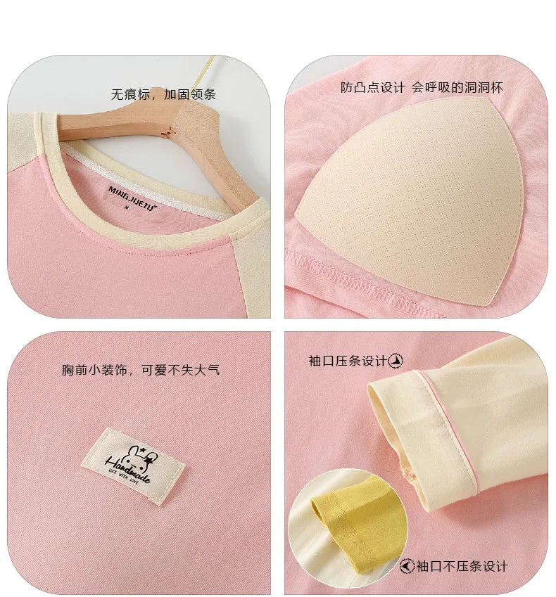 New Style Long Sleeved Home Clothing Set with Chest Cushion for Spring and Autumn Loose Fit Cotton Comfortable Pajamas Suit
