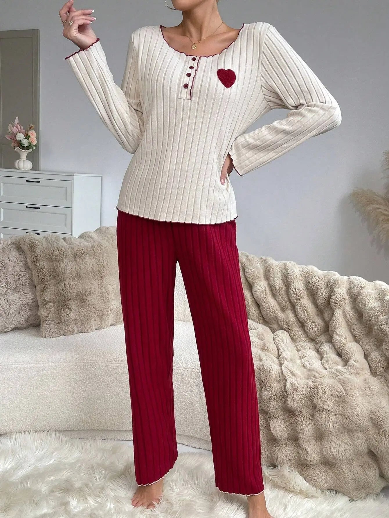Autumn Winter Sleepwear Women Casual Pajamas Set Long Sleeve Heart Printd Tops and Long Trousers Homewear Loungewear