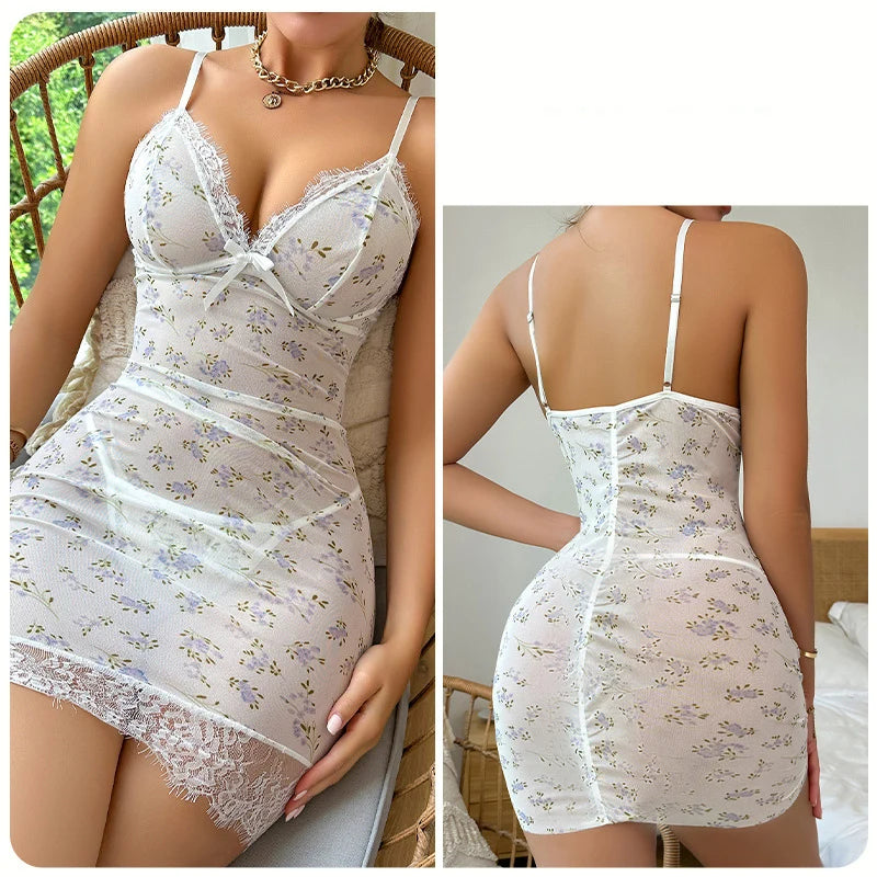 2PCS Women's New Sleepwear Summer Sexy Strap Doll Underwear Set Flower Lace Bordered Bow Tight Dress Sleeping Skirt Hot Selling